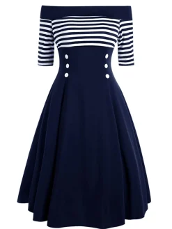 Fashion Retro Stage Navy 1950s Off Shoulder Swing Dress Navy Blue