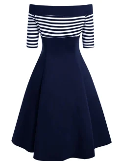 Fashion Retro Stage Navy 1950s Off Shoulder Swing Dress Navy Blue