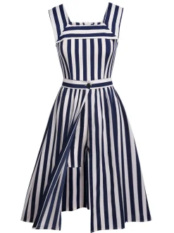 Discount Retro Stage Navy 1950s Stripes Sailor Romper & Skirt Navy Blue