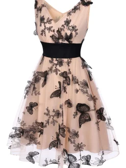 Discount Retro Stage 1950s Lace Butterfly Swing Vintage Dress Nude