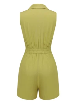 New Retro Stage 1950s Solid Lapel Belt Romper Olive Green