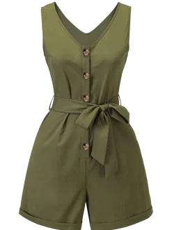 Fashion Retro Stage Olive Green 1950s V-Neck Button Waist Tie Romper