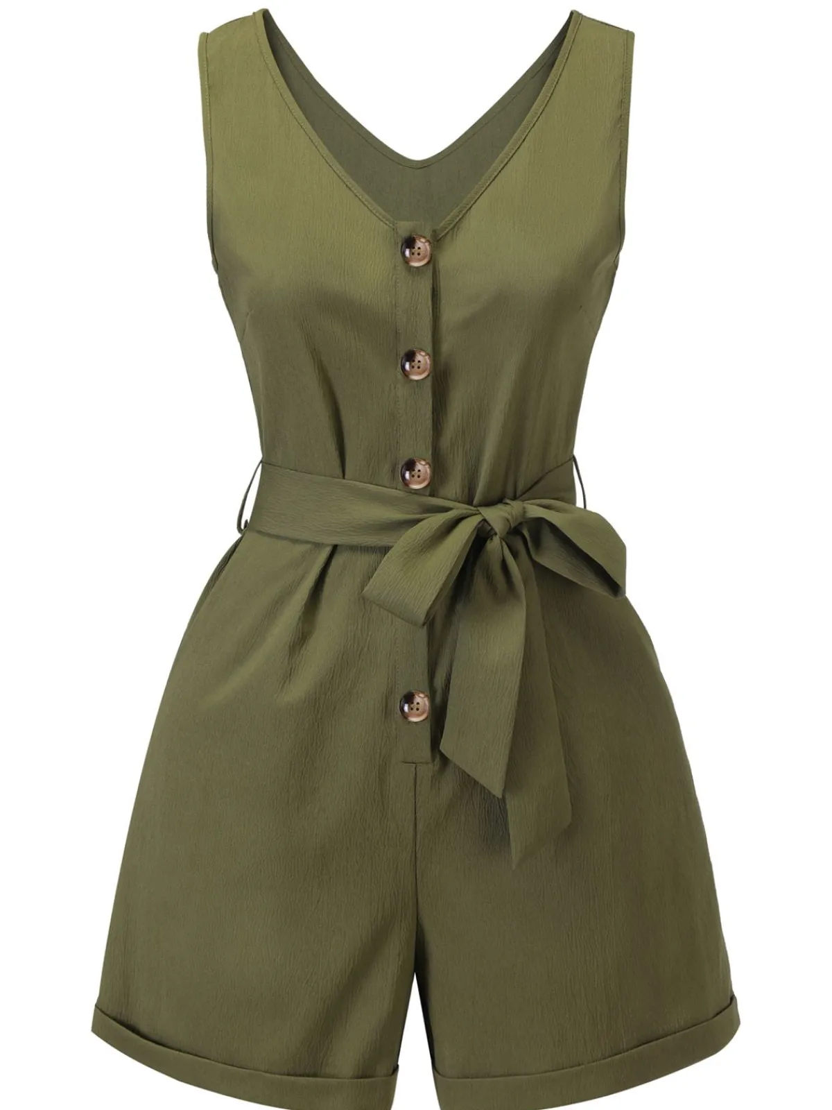 Fashion Retro Stage Olive Green 1950s V-Neck Button Waist Tie Romper