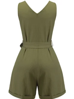 Fashion Retro Stage Olive Green 1950s V-Neck Button Waist Tie Romper