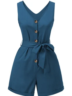 Fashion Retro Stage Olive Green 1950s V-Neck Button Waist Tie Romper
