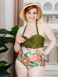 Best Retro Stage Lace-Up Halter Flowers Bikini Set Olive