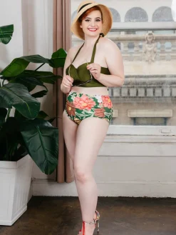 Best Retro Stage Lace-Up Halter Flowers Bikini Set Olive
