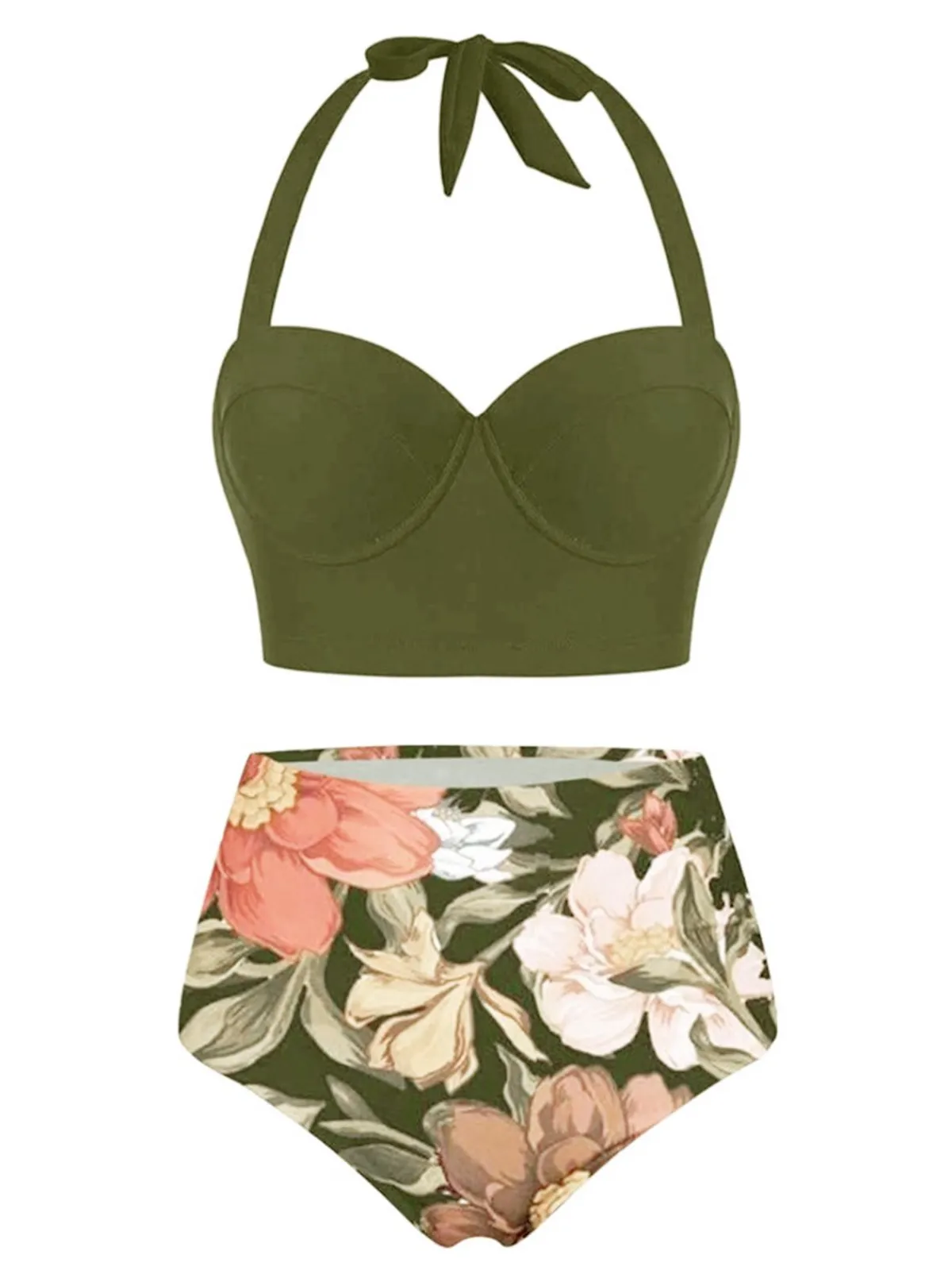New Retro Stage 1950s Lace-Up Halter Flowers Bikini Set Olive