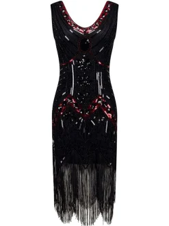 Fashion Retro Stage [Only shipping US] 1920s Beaded Fringed Flapper Dresses Black