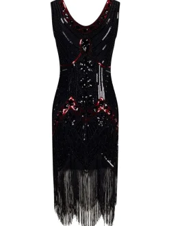 Fashion Retro Stage [Only shipping US] 1920s Beaded Fringed Flapper Dresses Black