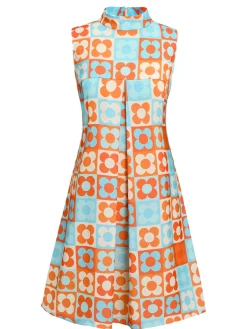 Hot Retro Stage Orange & Blue 1960s Floral Stand Collar Dress