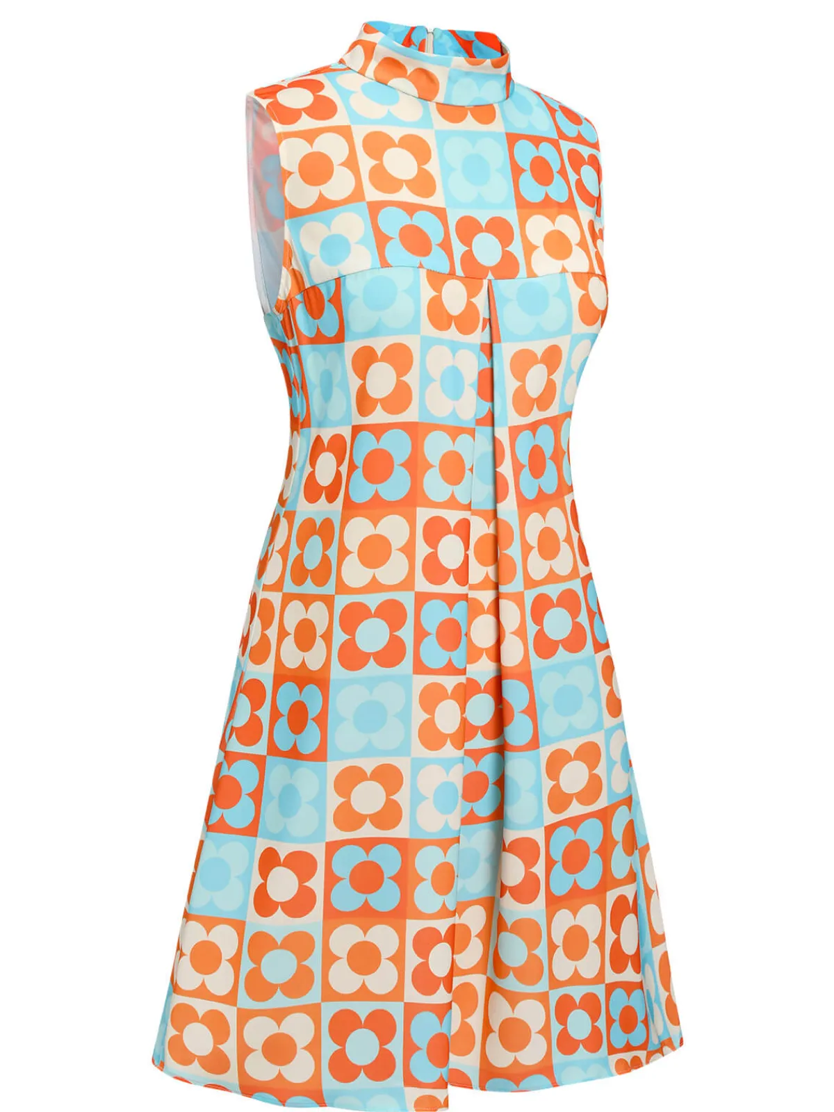 Hot Retro Stage Orange & Blue 1960s Floral Stand Collar Dress