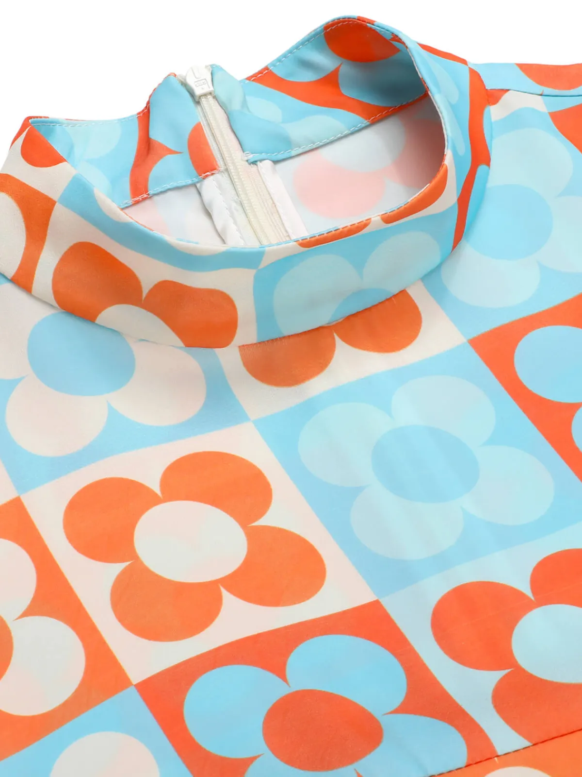 Hot Retro Stage Orange & Blue 1960s Floral Stand Collar Dress