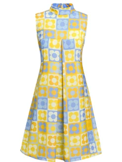 Hot Retro Stage Orange & Blue 1960s Floral Stand Collar Dress