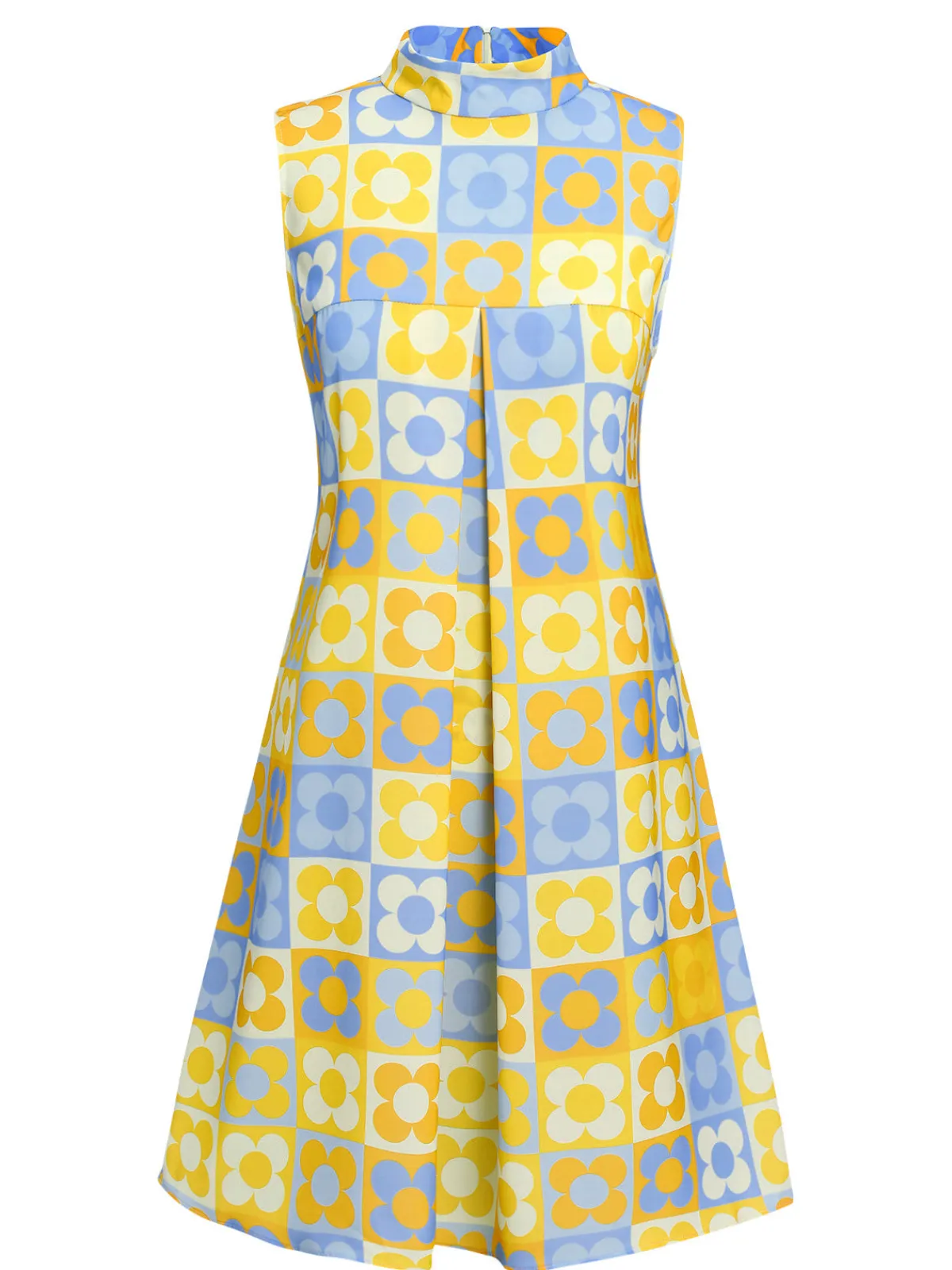 Hot Retro Stage Orange & Blue 1960s Floral Stand Collar Dress