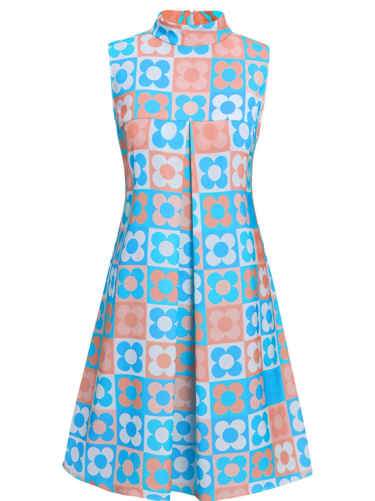 Hot Retro Stage Orange & Blue 1960s Floral Stand Collar Dress