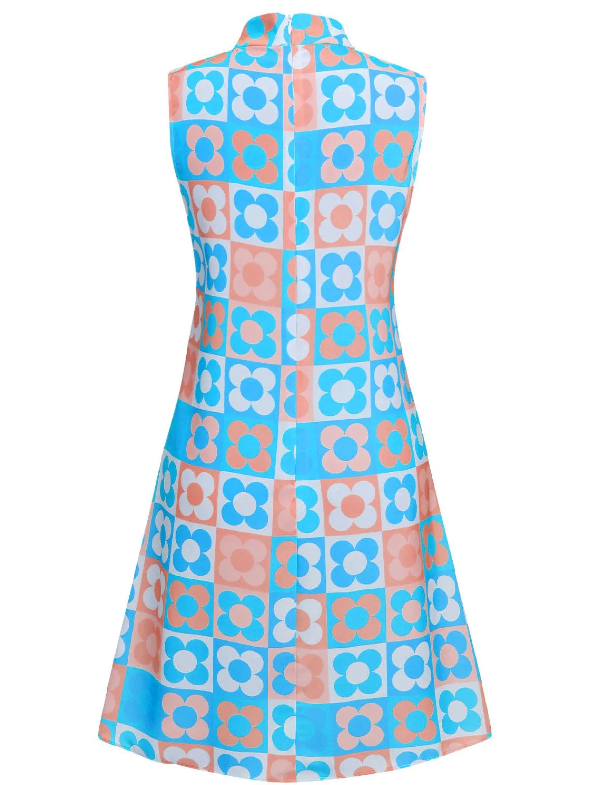 Hot Retro Stage Orange & Blue 1960s Floral Stand Collar Dress