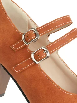 Hot Retro Stage Double Buckle Strap Mary Jane Heels Shoes Orange