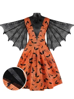 Discount Retro Stage Halloween Spider Sleeve Vintage Dress Orange