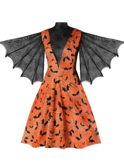 Discount Retro Stage Halloween Spider Sleeve Vintage Dress Orange