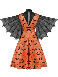 Discount Retro Stage Halloween Spider Sleeve Vintage Dress Orange