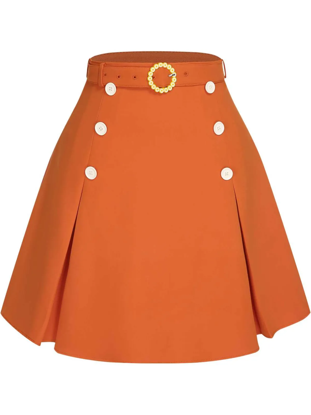 Discount Retro Stage Orange Red 1960s Button Solid Belted Skirt