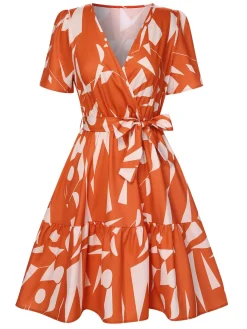 Fashion Retro Stage 1940s Geometric Surplice V-Neck Dress Orange Red