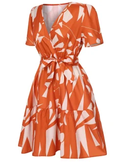 Fashion Retro Stage 1940s Geometric Surplice V-Neck Dress Orange Red