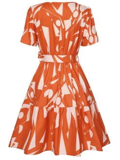 Fashion Retro Stage 1940s Geometric Surplice V-Neck Dress Orange Red