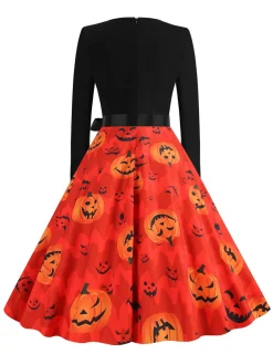 Hot Retro Stage 1950s Halloween Petal Neck Pumpkin Dress Orange Red