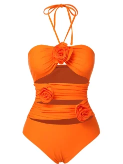 Discount Retro Stage 1950s Halter 3D Flower One-Piece Swimsuit Orange Red