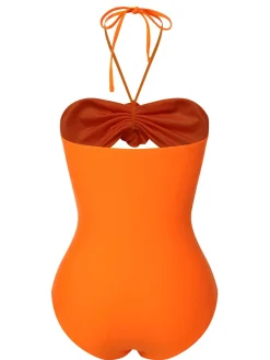 Discount Retro Stage 1950s Halter 3D Flower One-Piece Swimsuit Orange Red