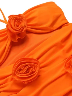 Discount Retro Stage 1950s Halter 3D Flower One-Piece Swimsuit Orange Red