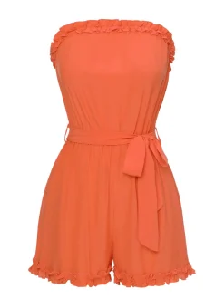 New Retro Stage 1950s Solid Belt Bandeau Romper Orange Red