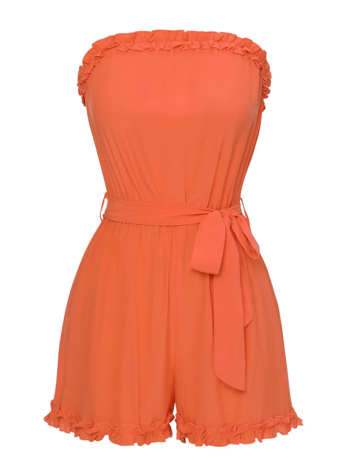 New Retro Stage 1950s Solid Belt Bandeau Romper Orange Red