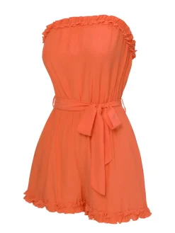 New Retro Stage 1950s Solid Belt Bandeau Romper Orange Red