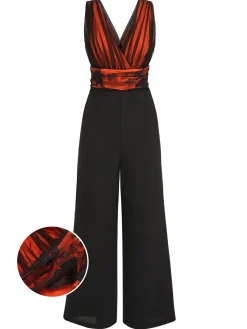Sale Retro Stage 1930s Butterfly V-Neck Patchwork Jumpsuit Orange
