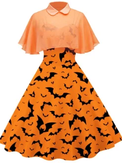 Hot Retro Stage 1950s Cape Patchwork Swing Dress Orange