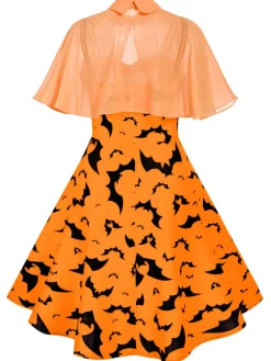 Hot Retro Stage 1950s Cape Patchwork Swing Dress Orange
