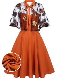 Clearance Retro Stage 1950s Cape Pumpkin Swing Dress Orange
