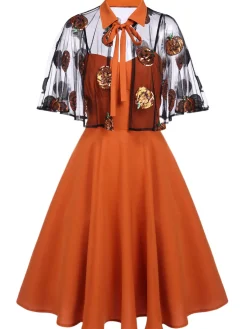 Clearance Retro Stage 1950s Cape Pumpkin Swing Dress Orange