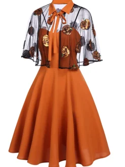 Clearance Retro Stage 1950s Cape Pumpkin Swing Dress Orange