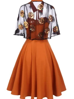 Clearance Retro Stage 1950s Cape Pumpkin Swing Dress Orange