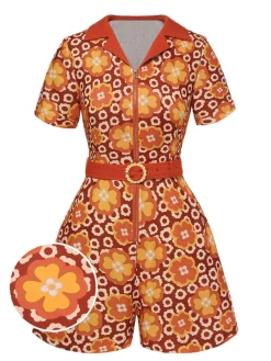 Fashion Retro Stage 1960s Cartoon Floral Lapel Romper Orange