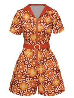 Fashion Retro Stage 1960s Cartoon Floral Lapel Romper Orange