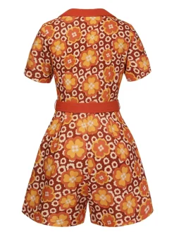 Fashion Retro Stage 1960s Cartoon Floral Lapel Romper Orange