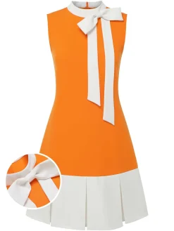 Discount Retro Stage Orange 1960s Crew Bowknot Sleeveless Dress