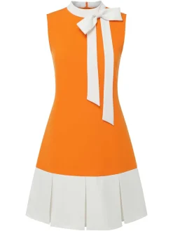 Discount Retro Stage Orange 1960s Crew Bowknot Sleeveless Dress