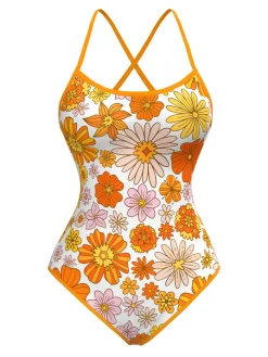 Fashion Retro Stage 1960s Daisy Cross Back One-Piece Swimsuit Orange