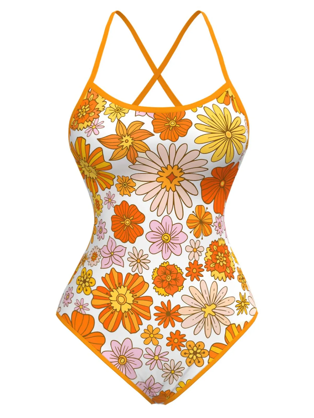 Fashion Retro Stage 1960s Daisy Cross Back One-Piece Swimsuit Orange